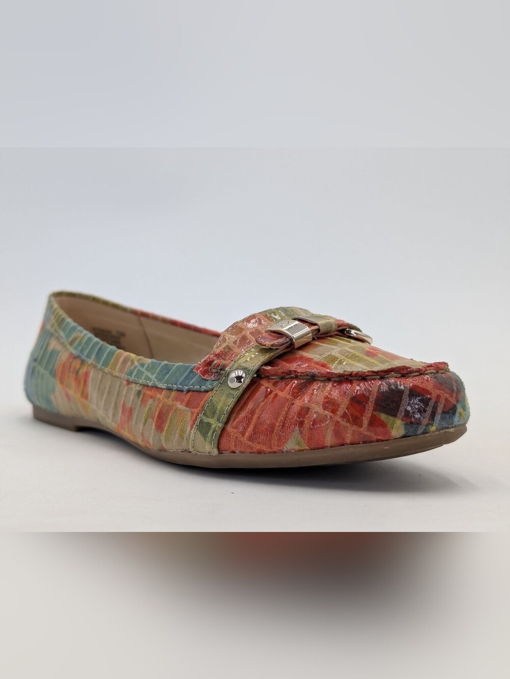 Anne Klein iflex Savina Sz 7.5 Multicolor Coral/Teal Croc Loafers Gold Buckles - Picture 4 of 16